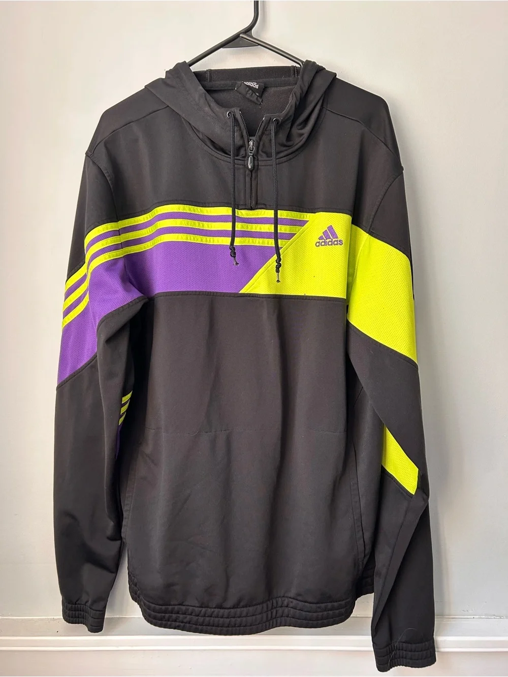 adidas Hoodie Mens Colorblock Black Purple Neon Yellow 1/4 Zip Pullover Athletic